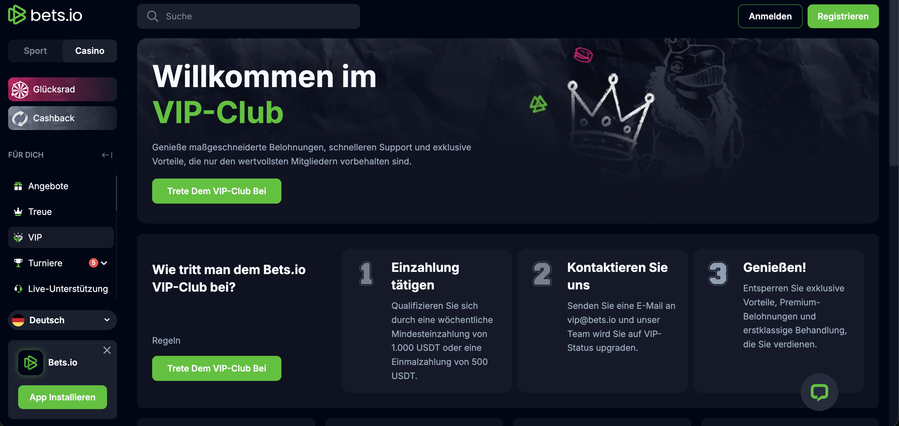 Bets.io VIP Treueprogramm Stufen